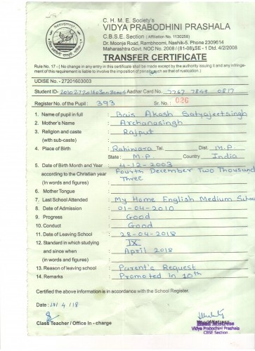 Transfer Certificate Vidya Prabodhini Prashala Cbse 0229